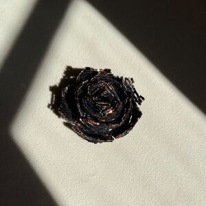 Vintage Black Rose blossom brooch with seed beaded detailing in copper